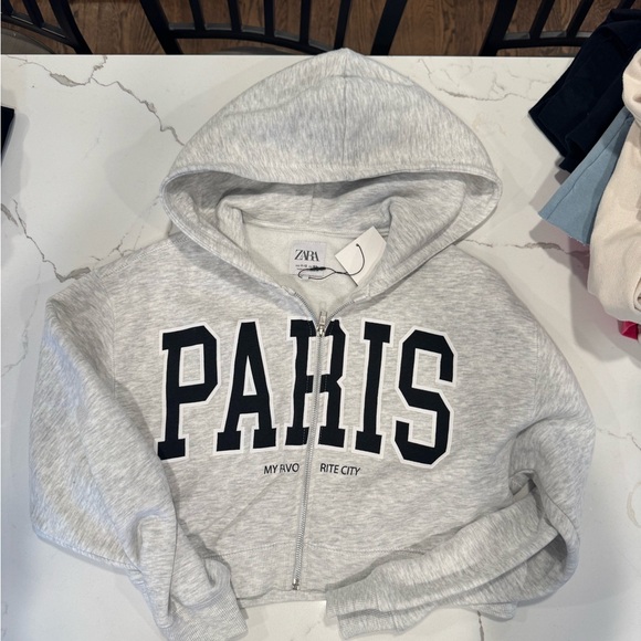 Zara girls grey Paris zip up crop hoodie. Size 11-12. NWT. - Picture 2 of 5